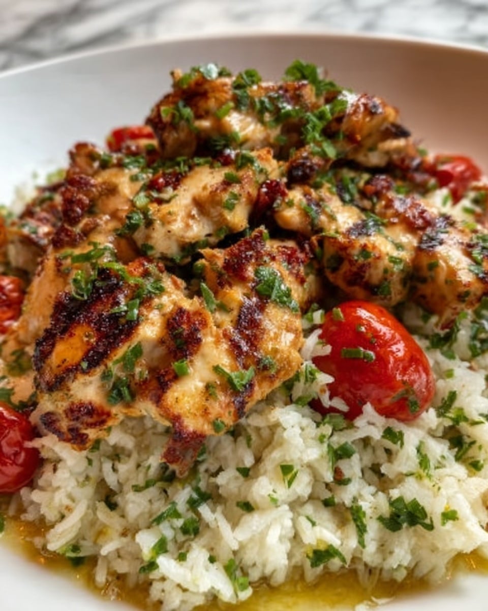 The dish shows a close-up of grilled chicken pieces, golden brown with char marks and green herb bits on top, resting over a bed of white rice mixed with finely chopped green herbs. There are small roasted red tomatoes scattered among the chicken, adding a pop of bright color. The textures contrast between the soft, fluffy rice and the slightly crispy, juicy chicken. The food is placed on a white plate set on a white marbled surface. Photo taken with an iphone --ar 4:5 --v 7