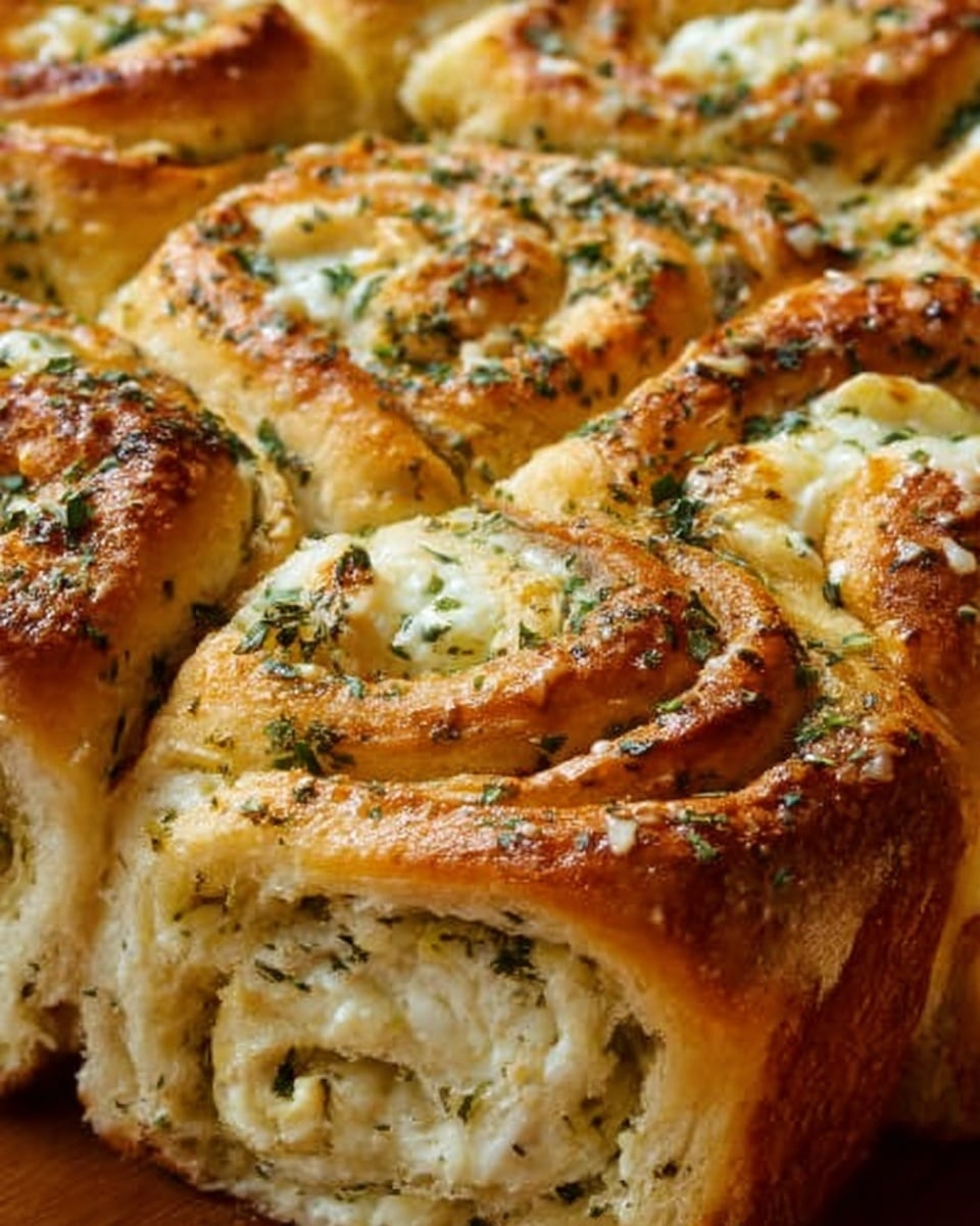 The image shows a close-up of a golden-brown baked bread with several thick layers. The outer layer is crispy and shiny with a sprinkling of green herbs on top. Inside, the bread has soft white dough swirled with creamy white cheese and flecks of green herbs in each roll, creating a textured look with some air pockets. The rolls are packed tightly together, filling the frame with their rich, warm tones. The photo taken with an iphone --ar 4:5 --v 7
