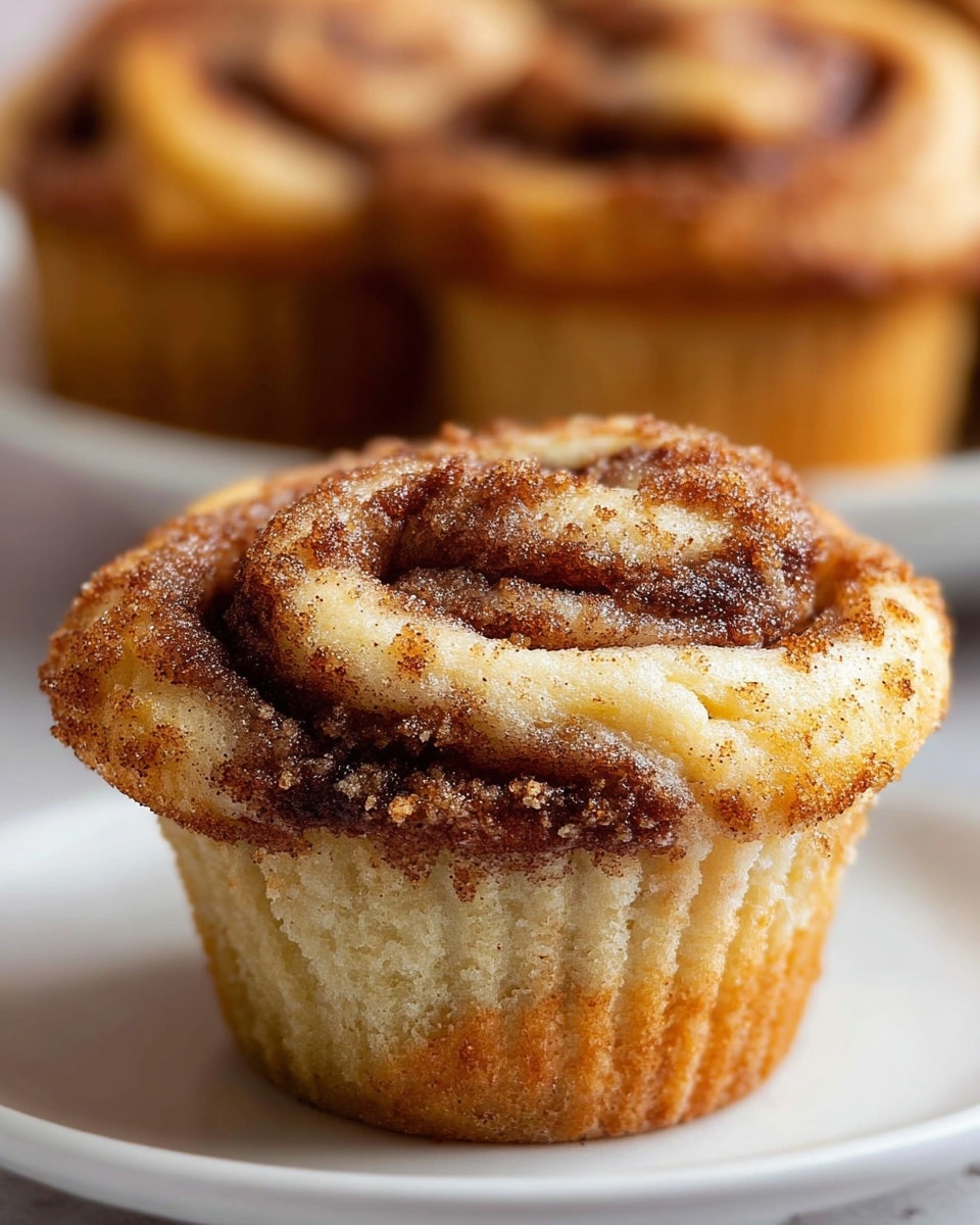 The image shows a close-up of a cinnamon roll muffin with one main swirl layer visible. The muffin has a light golden brown color with darker brown cinnamon sugar filling spread in the spiral on top and inside the muffin. The texture appears soft and fluffy with a slightly crumbly topping sprinkled with cinnamon sugar. It sits on a white plate with a white marbled surface background visible. In the background, there are blurred similar cinnamon roll muffins with the same texture and colors. Photo taken with an iphone --ar 4:5 --v 7