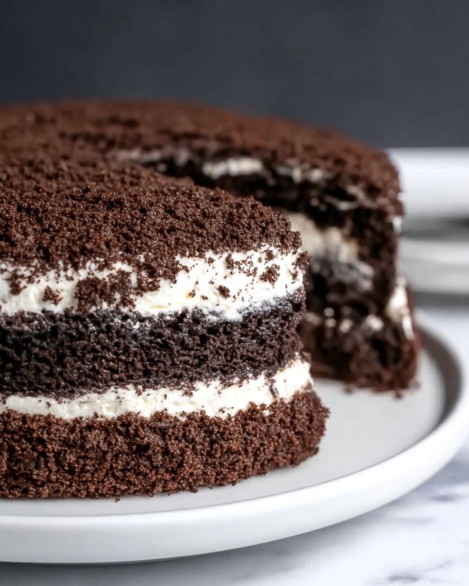 A close-up shot of a thick two-layer chocolate cake with dark, rich, crumbly texture, separated by a smooth white cream layer in the middle and covered all around with a crumb coating of dark chocolate crumbs. The cake rests on a plain white plate set on a white marbled surface with a dark blurred background, showing the moist texture of the cake and creamy filling clearly. photo taken with an iphone --ar 4:5 --v 7