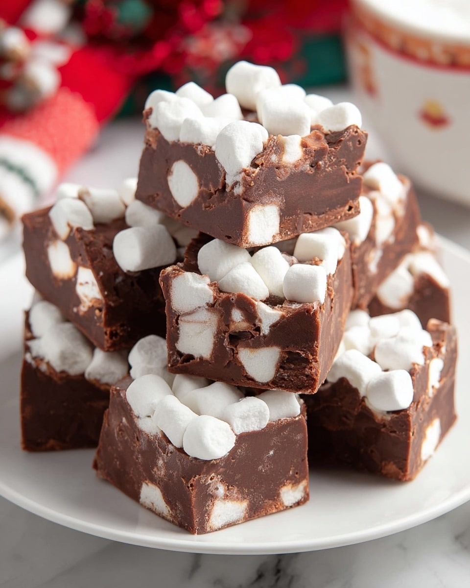 A white plate piled with several thick squares of chocolate fudge, each piece filled and topped with soft, white mini marshmallows. The fudge is dark brown and smooth, sharply contrasting with the fluffy, bright white marshmallows embedded inside and generously resting on top, giving a textured, chunky appearance. The plate sits on a white marbled surface, with a blurred red and white holiday-themed background. photo taken with an iphone --ar 4:5 --v 7