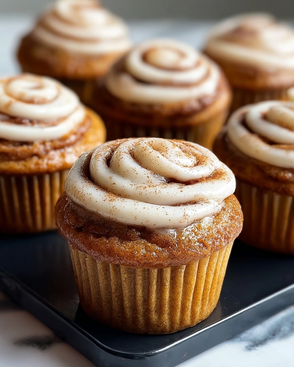 The image shows a close-up of five cinnamon roll cupcakes arranged on a black tray on a white marbled surface. Each cupcake has three main layers: the bottom layer is the golden-brown cupcake with a slightly textured surface and vertical ridged pattern from the paper liner, the middle layer has a light swirl of cinnamon-brown cinnamon sugar topping, and the top layer is a creamy white icing spread in a spiral pattern with a glossy texture, sprinkled with fine cinnamon powder. The closest cupcake is in sharp focus, showing detailed texture of the icing and cinnamon, while the others are softly blurred in the background. Photo taken with an iphone --ar 4:5 --v 7