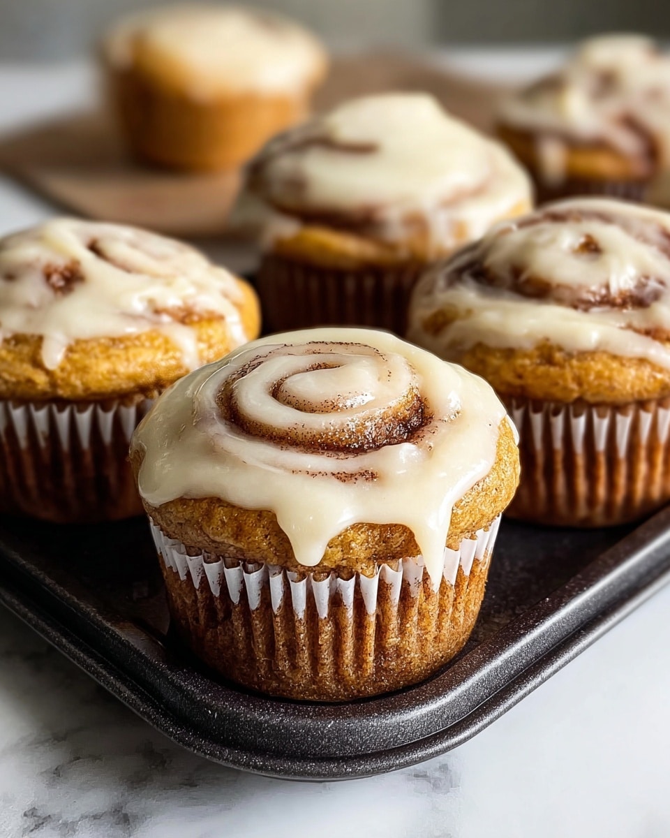 The image shows five cinnamon roll muffins arranged on a dark baking tray placed on a white marbled surface. Each muffin has three visible layers: the base is a golden brown muffin with a slightly rough texture, the middle layer is a swirl of cinnamon brown that runs from the middle to the top in a spiral pattern, and the top layer is creamy white icing that is thick, glossy, and unevenly spread, following the swirl and dripping slightly over the edges. The muffins have white paper liners with brown stripes visible through them, and the background is softly blurred, giving focus to the muffin in the front. Photo taken with an iphone --ar 4:5 --v 7