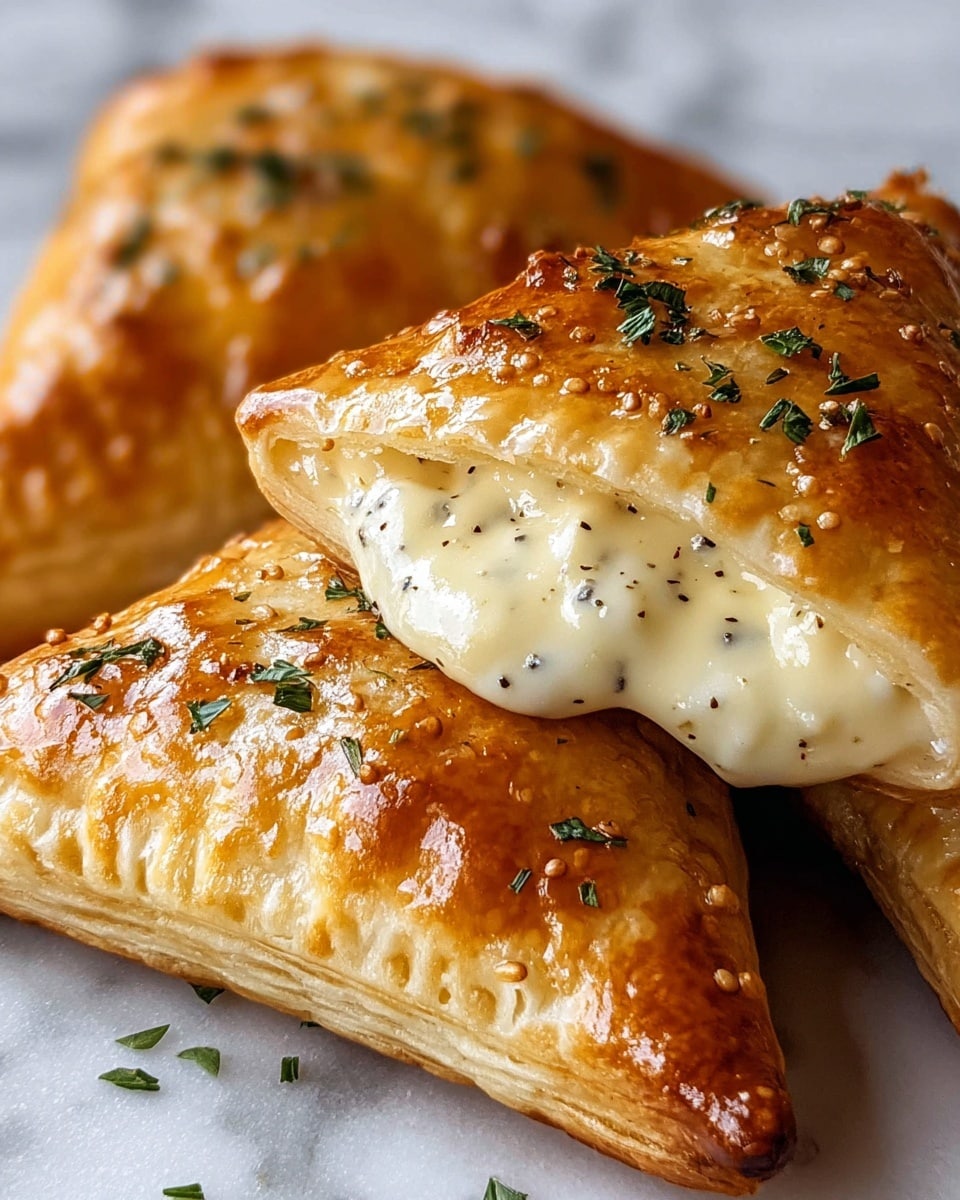 A close-up view of three golden-brown, triangular pastries with a shiny, flaky outer crust sprinkled lightly with small green herb pieces on top. The front pastry is cut open, revealing a creamy, thick white filling with visible black pepper specks that looks smooth and rich. The pastries rest closely together on a white marbled surface, emphasizing their warm, baked texture and savory filling. photo taken with an iphone --ar 4:5 --v 7
