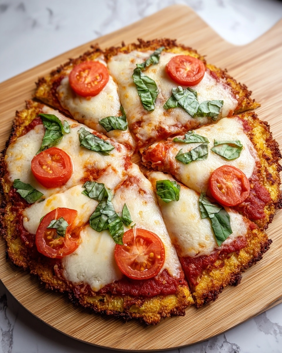 A round pizza is cut into six slices and placed on a light wood board against a white marbled texture background. The pizza has a golden-brown crust that looks crispy and crunchy as the bottom layer. On top of the crust is a layer of red tomato sauce with a slightly chunky texture. The next layer is melted white cheese that covers most of the pizza, bubbling and browned in some spots. Each slice has a bright red tomato slice on top, with fresh green basil leaves scattered over the cheese and tomatoes, adding a fresh touch. photo taken with an iphone --ar 4:5 --v 7