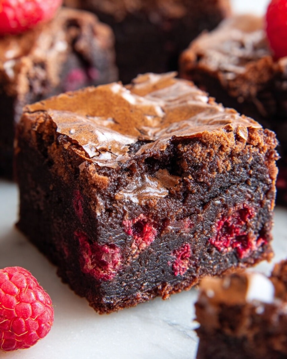 A close-up of a single thick square brownie with three visible layers: the bottom layer is dense and dark brown with a moist texture, the middle layer is mixed with small bright red raspberry bits giving a slightly chunky look, and the top layer is a shiny, slightly cracked light brown crust that looks crisp and delicate. The brownie is surrounded by other brownie pieces on a white marbled surface. A small bright red raspberry sits near the bottom edge of the brownie. Photo taken with an iphone --ar 4:5 --v 7