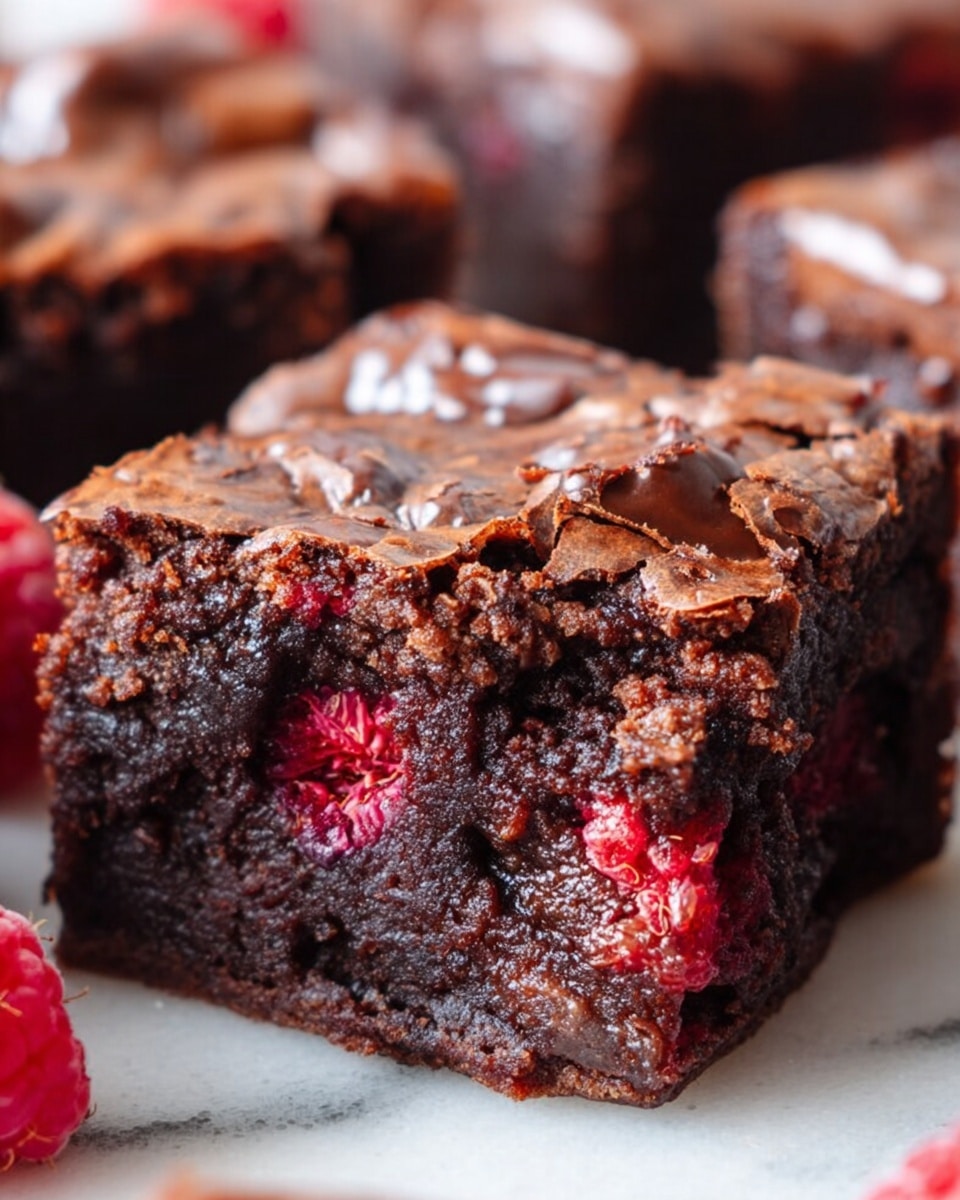 A close-up of a thick, square piece of chocolate brownie with a shiny, slightly cracked top layer, showing a dense, moist texture inside. The brownie has small pieces of red raspberry mixed throughout, giving spots of bright red color against the deep dark brown chocolate. The edges appear soft and fudgy, and the cut side reveals a rich, gooey center. The background is a white marbled surface with other muffin pieces blurred around. Photo taken with an iphone --ar 4:5 --v 7