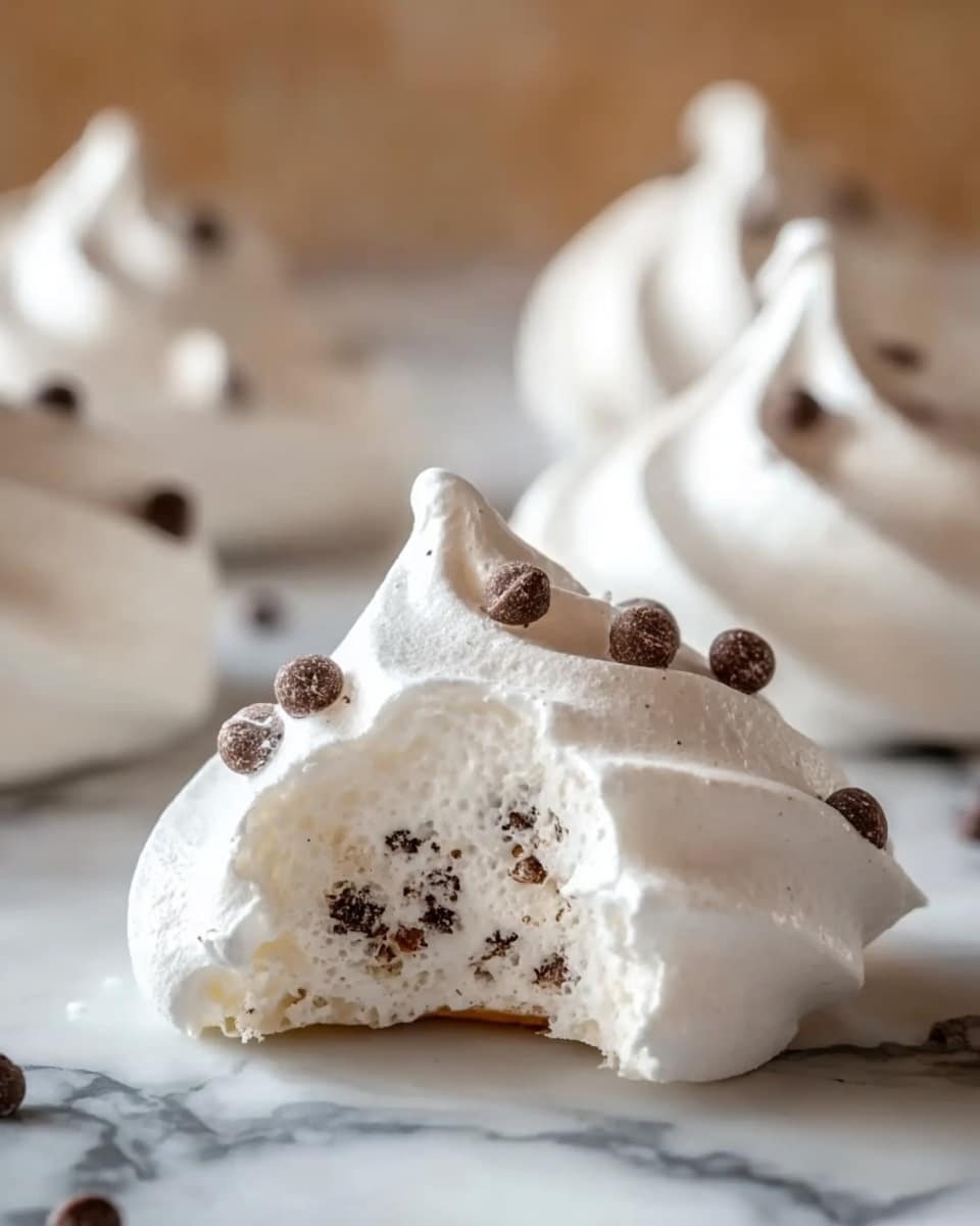 The image shows soft, white meringue cookies with a smooth, glossy texture and a peak on top, each topped with small dark chocolate chips. The front cookie has a bite taken out, showing a thin, crisp outer layer and a light, airy inside with chocolate bits near the bottom. The cookies rest on a surface with a white marbled texture, and more meringues can be seen blurred in the background. Photo taken with an iphone --ar 4:5 --v 7