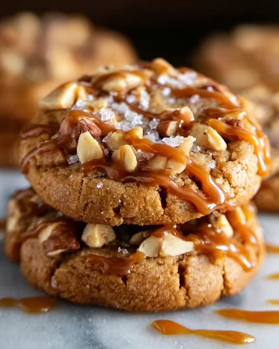 A close-up image of two thick cookies stacked on top of each other on a white marbled surface, each cookie light brown with a cracked texture and topped with a layer of chopped nuts and shiny caramel drizzle. The caramel appears smooth and glossy, creating thin ribbons over the nuts and cookies. The background is softly blurred, emphasizing the cookie stack's inviting, crunchy details. The overall tone is warm and rich. photo taken with an iphone --ar 4:5 --v 7