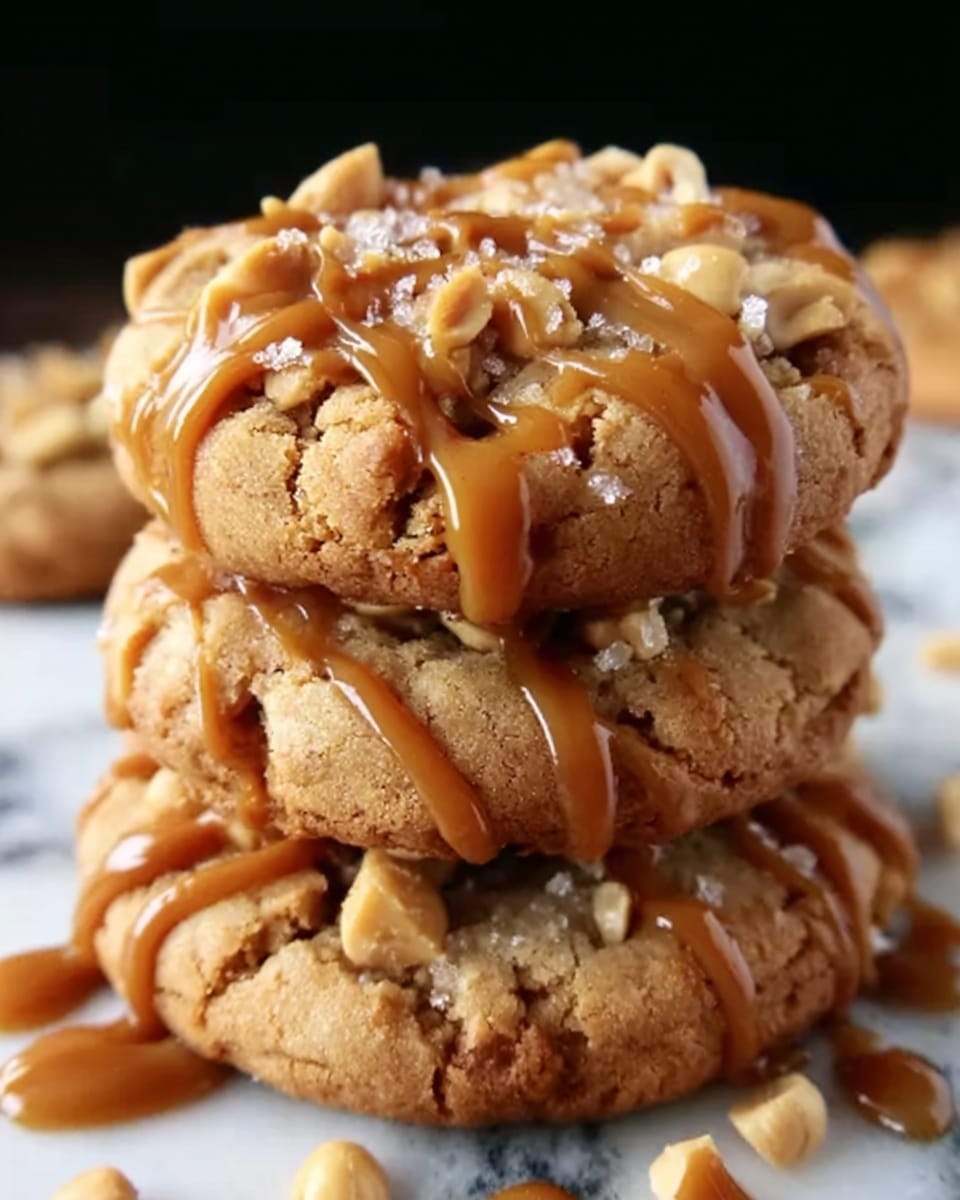 The image shows a close-up of three stacked cookies on a white marbled surface. Each cookie has a golden-brown color with a cracked texture on top and is covered with small peanut pieces. A caramel sauce is drizzled over the cookies, creating shiny, smooth lines that contrast with the rough cookie surface. Photo taken with an iphone --ar 4:5 --v 7