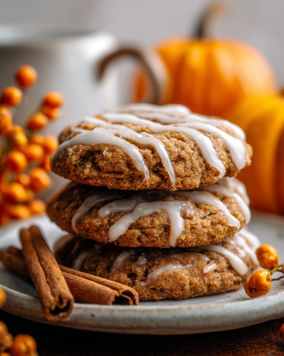 A stack of three thick cookies sits on a white plate, each cookie a warm brown color with a slightly rough, crumbly texture. The top cookie is drizzled with white icing in uneven lines, creating a contrast against the cookie's surface. Next to the plate are two cinnamon sticks lying flat. In the background, out of focus, are orange pumpkins and small orange berries, all placed on a white marbled surface. The lighting is soft, giving a cozy and inviting feel. Photo taken with an iphone --ar 4:5 --v 7