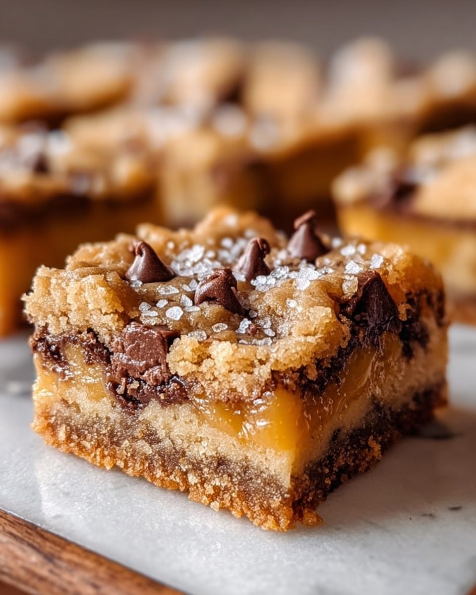 A close-up view of a square dessert bar with three visible layers, placed on a white marbled surface. The bottom layer is a crumbly cookie crust in a golden brown color. The middle layer is gooey and smooth, pale caramel in color with embedded chocolate chunks. The top layer is a crunchy, golden brown cookie dough studded generously with chocolate chips and sprinkled with coarse sea salt crystals, adding texture and contrast. The focus is sharp on the front piece with a soft blurred background showing more similar bars. Photo taken with an iphone --ar 4:5 --v 7