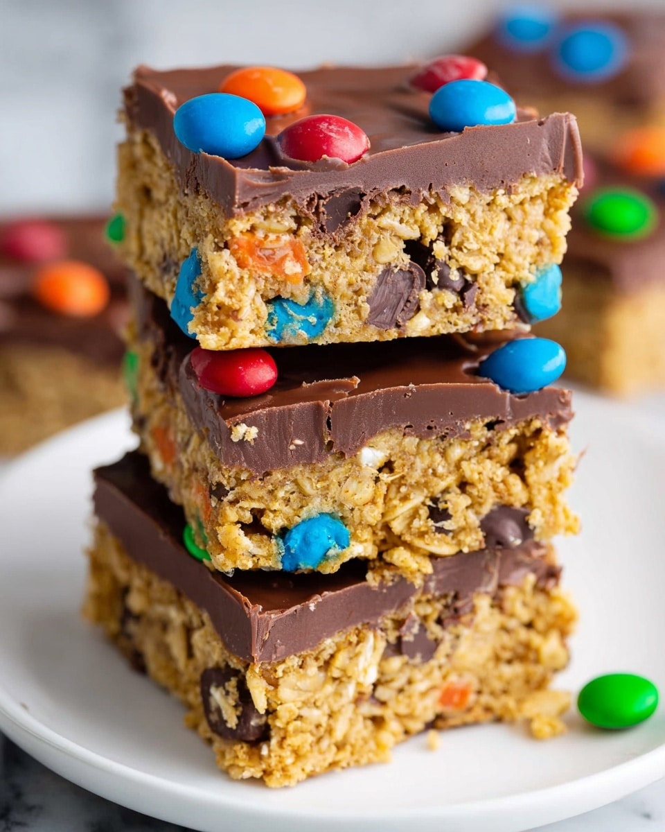 A stack of three square bars is shown on a white plate with a white marbled surface in the background. Each bar has two layers: the bottom layer is a golden, crumbly mixture with visible oats and small colorful candy pieces embedded throughout, giving it a rough texture; the top layer is a smooth, thick chocolate coating dark brown in color, adorned with bright candy pieces in red, blue, green, and orange scattered on top. The bars are stacked unevenly, showing the thickness and texture of each layer clearly. Photo taken with an iphone --ar 4:5 --v 7