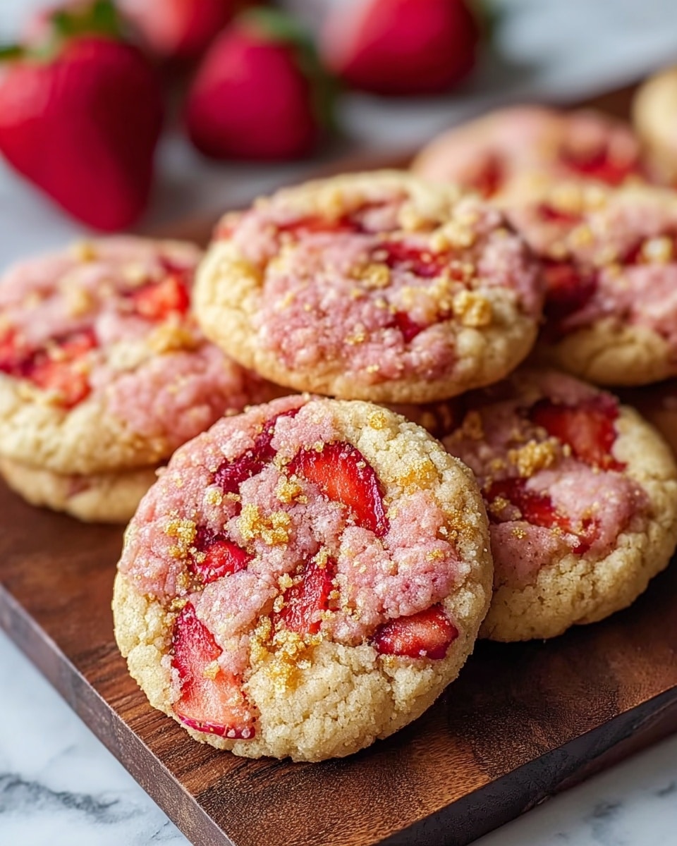 The image shows several round cookies on a dark wooden board, each cookie featuring two distinct layers: the bottom layer is light golden brown with a soft, crumbly texture, while the top layer is pinkish with embedded fresh red strawberry slices and sprinkled with golden crumbly bits. The cookies look thick and slightly cracked, showing a mix of soft and crunchy textures. Bright red strawberries are blurred in the background, all set on a white marbled surface. photo taken with an iphone --ar 4:5 --v 7
