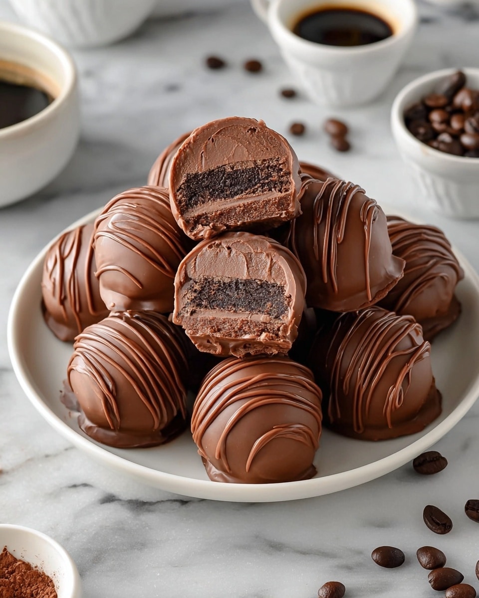 A white plate holds a stack of round chocolate truffles, each covered in smooth milk chocolate with thin, darker chocolate drizzles on top. One truffle is cut in half and placed on top of the pile, showing three layers inside: a dark brown outer cake layer, a lighter brown middle layer, and a dark center core. The plate is on a white marbled surface, with a few scattered coffee beans and small white bowls containing chocolate and coffee nearby. The lighting highlights the shiny texture of the chocolate. photo taken with an iphone --ar 4:5 --v 7