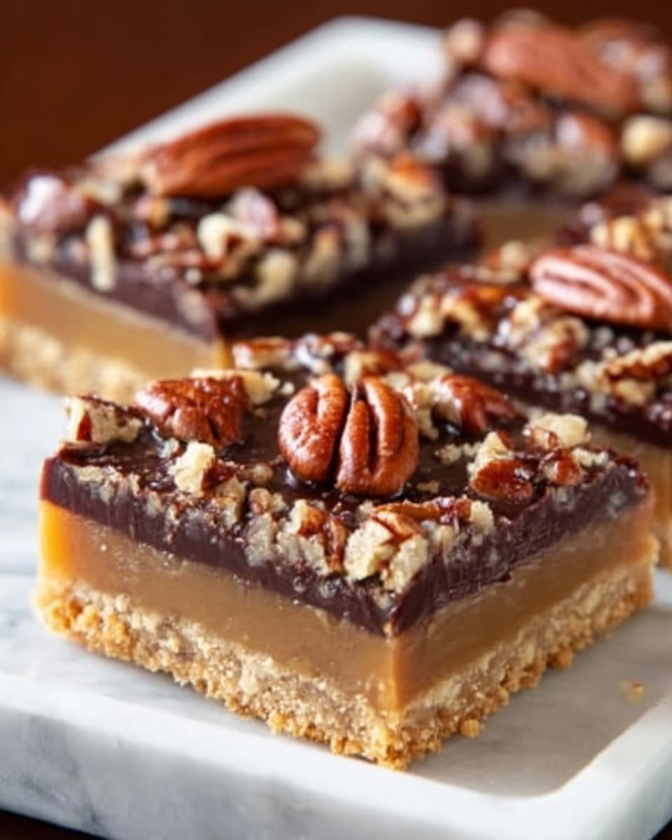 The image shows a white rectangular plate with three square caramel pecan bars. Each bar has three distinct layers: a thick, crumbly golden brown crust at the bottom, a smooth light caramel layer in the middle, and a glossy dark chocolate layer on top. The chocolate layer is decorated with whole shiny pecans and small pieces of chopped pecans scattered across the surface. The plate is set on a white marbled surface. Photo taken with an iphone --ar 4:5 --v 7
