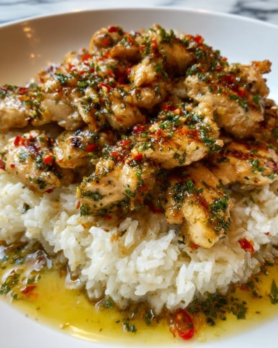 The image shows a close-up of a dish with two layers: the bottom layer is a bed of fluffy white rice with a light sprinkling of green herbs, and the top layer consists of golden-brown grilled chicken pieces seasoned with green herbs and small bits of red chili, giving a fresh and spicy look. The chicken pieces appear juicy with a slightly crispy texture on the outside. The dish is served on a white plate placed on a white marbled surface. The overall colors are warm and inviting with a mix of white, golden brown, green, and red. Photo taken with an iphone --ar 4:5 --v 7