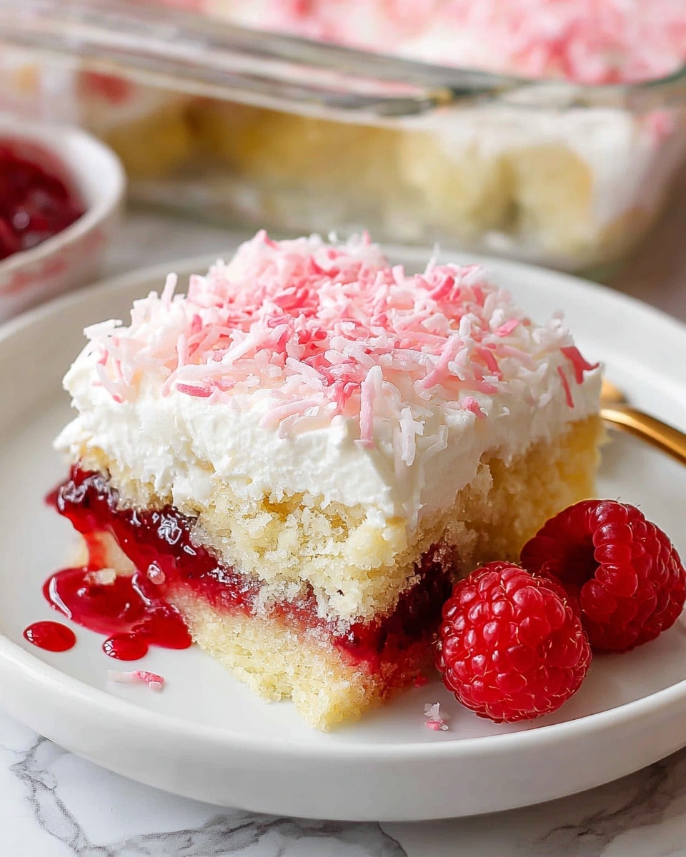 A square piece of dessert sits on a white plate with two bright red raspberries to the right side. The dessert has four visible layers: the bottom layer is a thick, moist, light yellow cake with a soft texture, above it is a thin layer of dark red raspberry jam that looks glossy and slightly chunky, followed by a thick layer of smooth white cream, and the top layer is a generous sprinkling of light pink shredded coconut giving a fluffy texture. Some pink coconut flakes and a small drop of jam are scattered on the plate, with the background showing a white marbled surface and a glass baking dish holding more of the dessert. Photo taken with an iphone --ar 4:5 --v 7