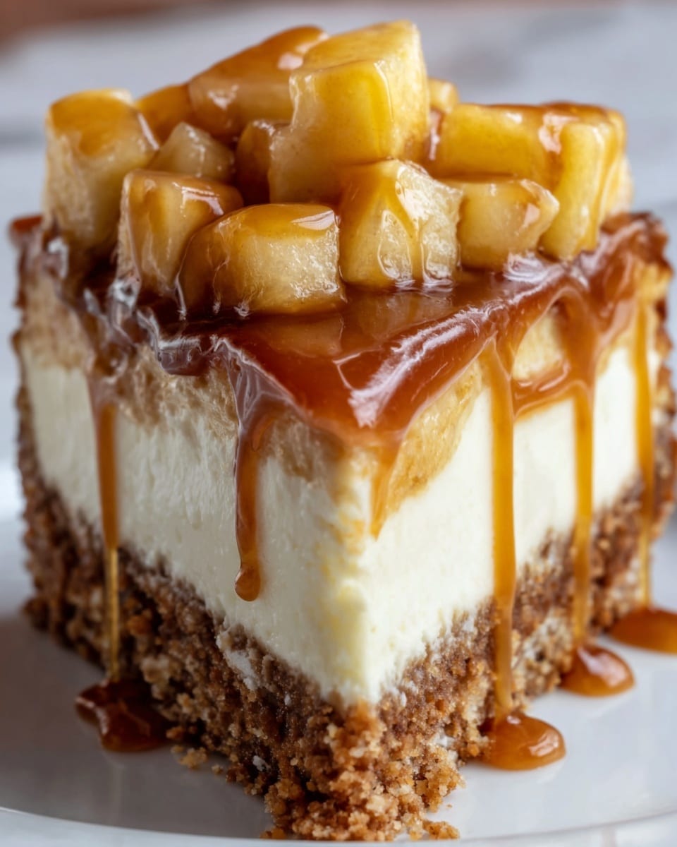 A close-up view of a three-layer dessert on a white plate, set on a white marbled surface, showing the bottom layer made of a crumbly brown crust, followed by a thick and smooth white cream cheese layer in the middle, and topped with diced yellowish apples covered in a shiny caramel sauce dripping down the sides. Photo taken with an iphone --ar 4:5 --v 7