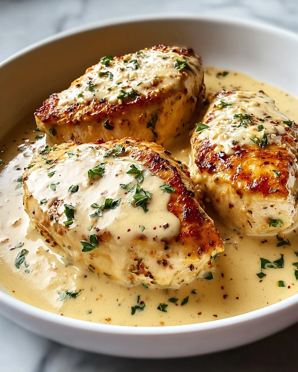 The image shows three pieces of cooked chicken breast with a light golden brown, slightly crispy top layer covered in a creamy white sauce. The chicken rests in a shallow layer of rich, smooth, beige sauce that pools around each piece, accented with small green herb fragments scattered on top and in the sauce. The dish is served in a white bowl placed on a white marbled surface. photo taken with an iphone --ar 4:5 --v 7