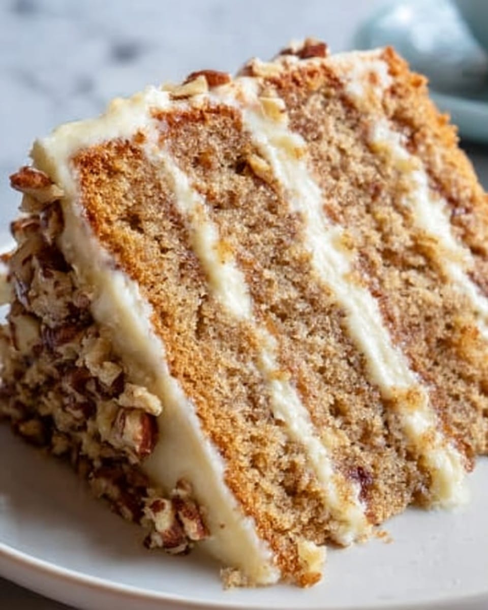A close-up view of a slice of layered cake on a white plate, showing three thick layers of light brown, nut-studded cake with a moist crumb texture. Each cake layer is separated by smooth, creamy off-white frosting layers that also cover the top and sides of the cake. The sides and top edges are decorated with small popped pieces of pecans, adding a crunchy texture contrast. The background shows a white marbled surface. Photo taken with an iphone --ar 4:5 --v 7