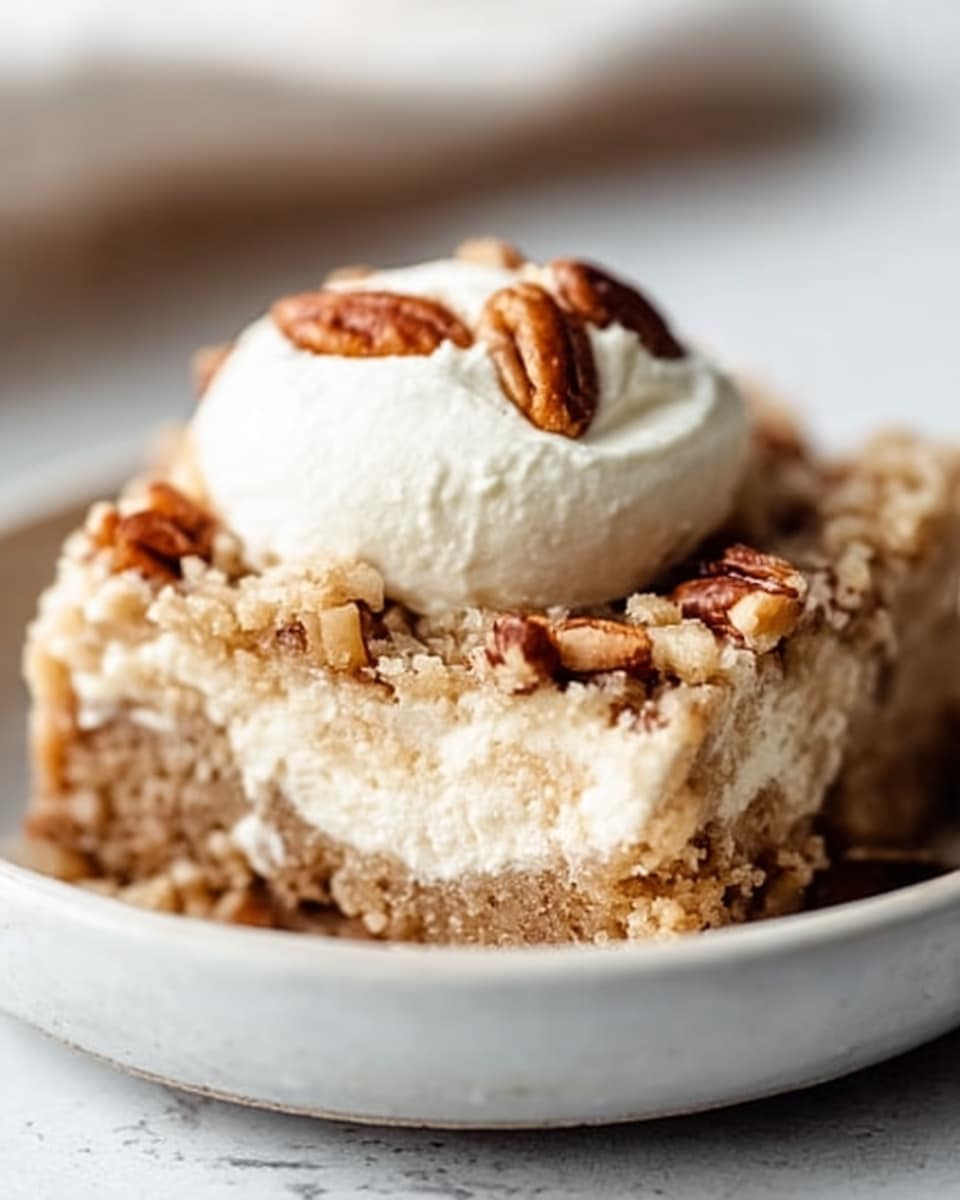 The image shows a slice of pumpkin dessert with three layers on a white plate. The bottom layer looks like a firm crust, golden-brown and slightly crumbly. Above that, there is a thick, smooth, bright orange pumpkin filling. The top layer is a streusel topping with small pieces of pecans and a few dollops of whipped cream, slightly dusted with cinnamon or nutmeg. The slice is neatly cut and placed near the edge of the plate, with a fork next to it. In the background, there is a soft focus of more dessert on a similar white plate, set on a white marbled surface. Photo taken with an iphone --ar 4:5 --v 7