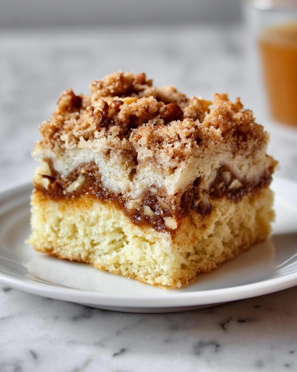A close-up of a single square piece of coffee cake with three visible layers on a white plate set on a white marbled surface; the bottom and top layers are light golden yellow with a soft and crumbly texture, while the middle layer is a thick, darker brown swirl filled with chopped nuts and cinnamon, adding a slightly crunchy texture; the top layer is sprinkled with a rough, crumbly cinnamon sugar topping that is golden brown and slightly coarse, giving the cake a textured and inviting look. photo taken with an iphone --ar 4:5 --v 7