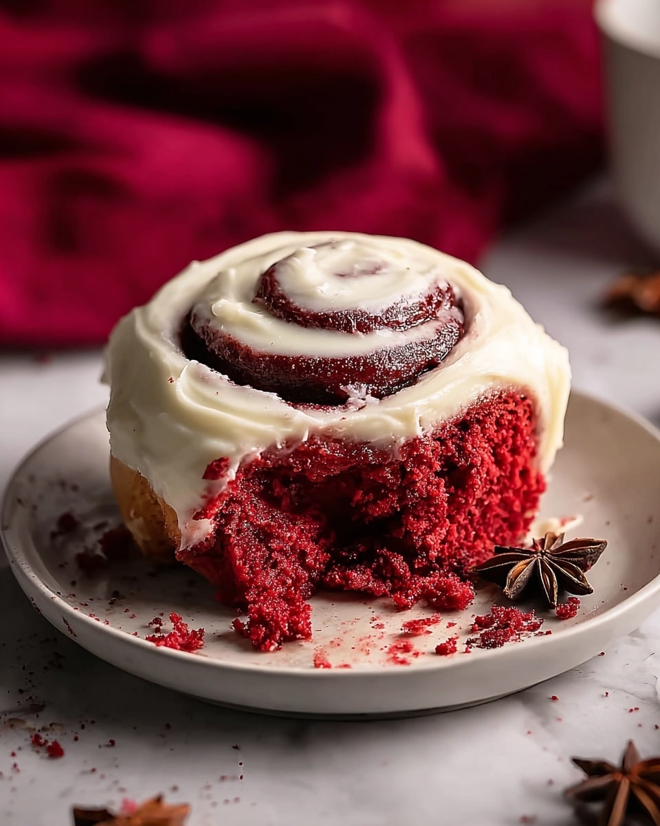 A red velvet cinnamon roll with three visible spiral layers, each rich red and moist with a slightly crumbly texture; the roll is topped with a thick, creamy white frosting smoothly spread in a swirl pattern following the roll’s spiral, and a portion on the side is partially broken off revealing the soft inside; the roll sits on a white plate on a white marbled surface with a few scattered crumbs and some star anise nearby; a deep red fabric is softly blurred in the background. photo taken with an iphone --ar 4:5 --v 7