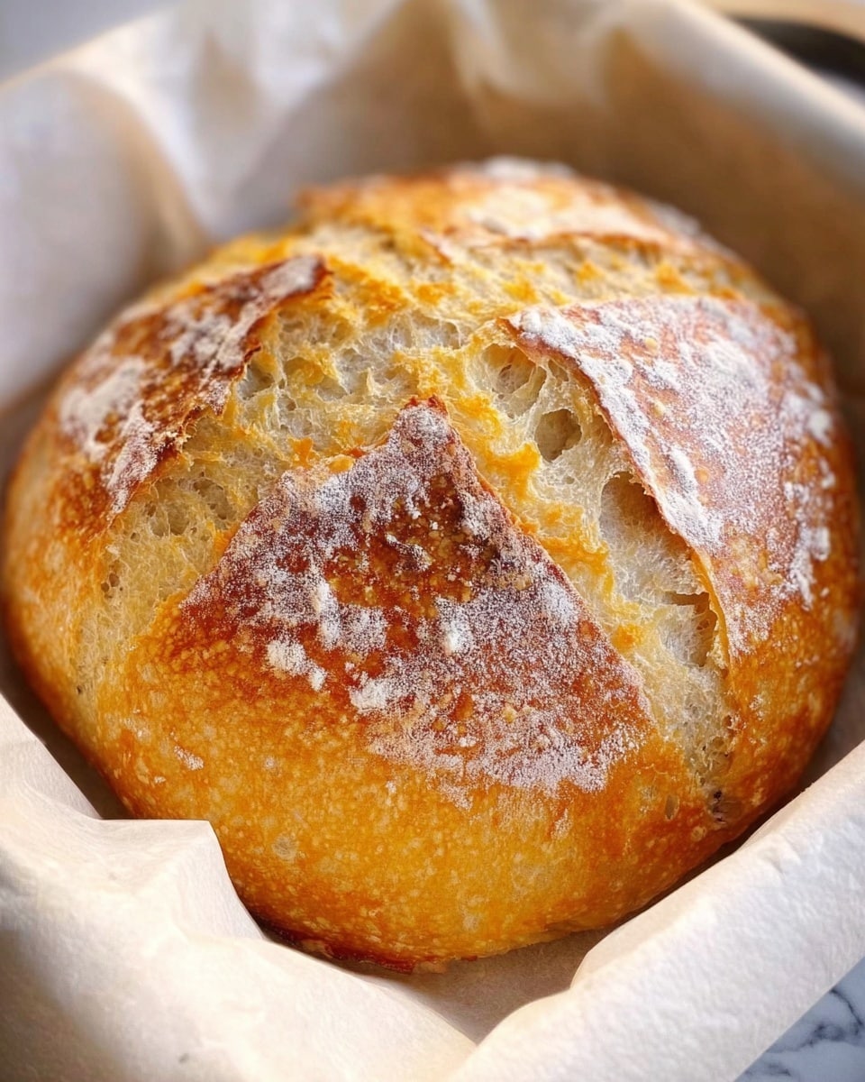 A close-up of a round loaf of bread with a golden brown crust and a light dusting of white flour on top, showing deep, jagged cuts that expose a soft, airy inside. It sits wrapped in cream-colored parchment paper against a white marbled background. The crust looks crispy with some glossy, toasted patches, while the interior appears soft and porous. photo taken with an iphone --ar 4:5 --v 7