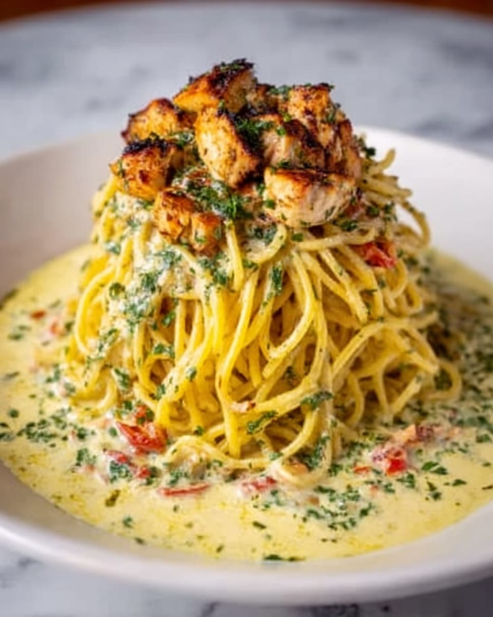 A white plate holds a tall mound of yellow spaghetti pasta, lightly coated with a creamy sauce flecked with green herbs and small red tomato pieces. On top sits a layer of golden-brown grilled chicken chunks, slightly crispy and sprinkled with herbs. The creamy sauce pools around the base of the pasta, creating a smooth, light yellow textured layer against the white marbled surface. photo taken with an iphone --ar 4:5 --v 7