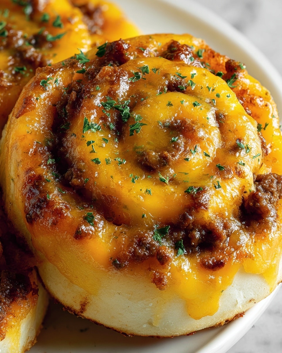 A close-up of a savory roll with two visible layers, the bottom layer is soft and light beige dough with a slightly browned edge, while the top spiral layer is covered in melted golden-yellow cheddar cheese mixed with small pieces of browned ground beef. The cheese is glossy and melted all over, slightly browned in some spots, creating a mix of textures. Small green parsley flakes are sprinkled evenly on top, adding a fresh color contrast. The rolls rest on a white plate that has slight brown marks on the edge, and the background is a white marbled texture. photo taken with an iphone --ar 4:5 --v 7