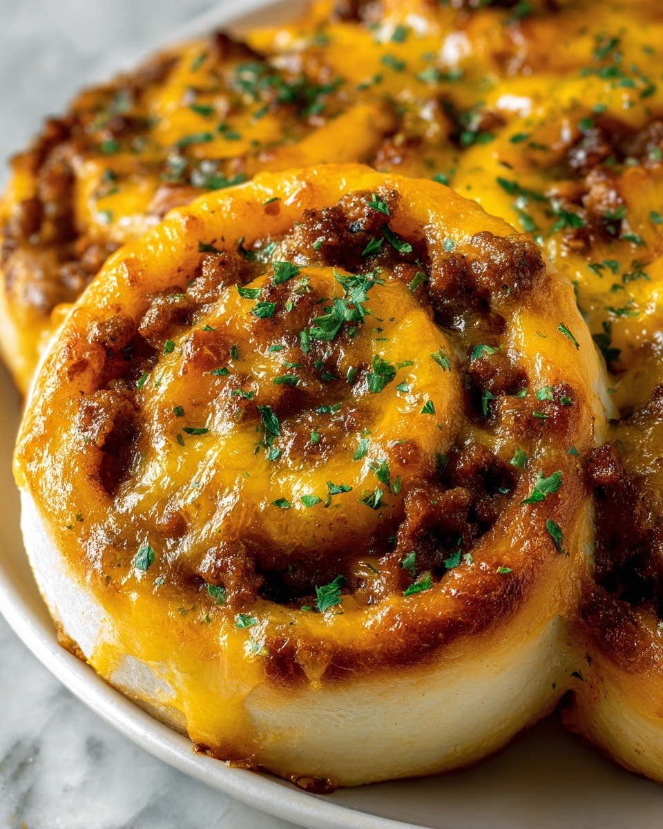 The image shows a close-up of a savory spiral roll with three visible layers: the base layer is a soft, light golden-brown dough forming a thick spiral shape; the middle layer consists of browned, crumbly sausage meat evenly spread throughout the spiral; the top layer is a melted, glossy bright yellow-orange cheese that covers the sausage and dough, with small patches of caramelization. The dish is sprinkled with finely chopped fresh green herbs, adding a contrast of color. The rolls sit on a white plate on a white marbled texture surface. photo taken with an iphone --ar 4:5 --v 7
