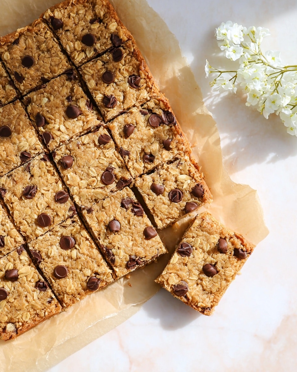 The image shows a batch of rectangular oatmeal chocolate chip bars cut into 15 even squares on light brown parchment paper. The bars have a golden-brown baked texture with visible oats and scattered chocolate chips embedded in the top layer. One square bar is separated and slightly angled at the bottom right, showing the thickness and soft texture of the bar. The background is a white marbled surface with a small cluster of white flowers near the edge of the parchment paper. The scene has bright, natural light highlighting the warm tones of the bars. photo taken with an iphone --ar 4:5 --v 7
