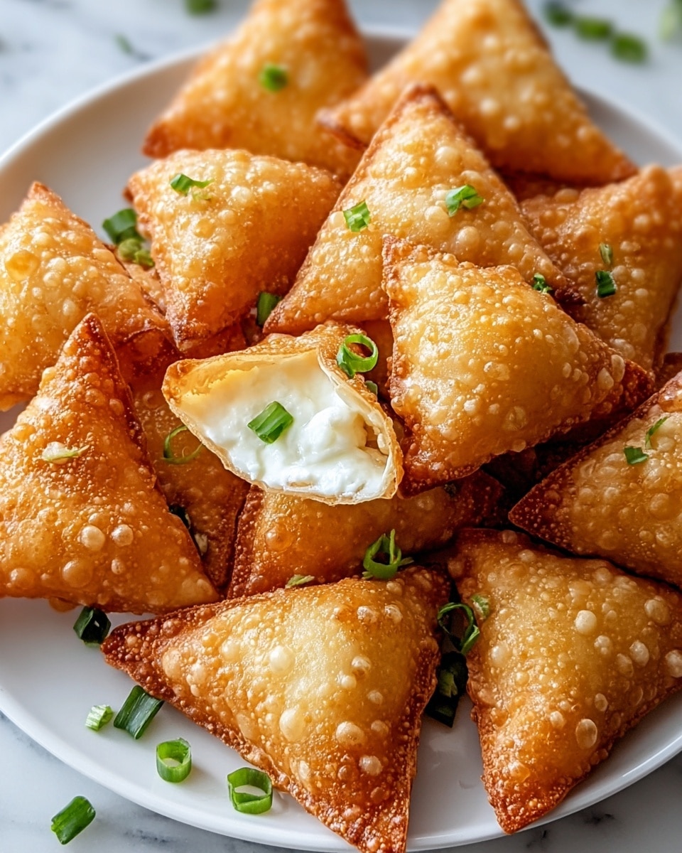 A white plate filled with many small, golden-brown fried triangles that look crispy with little bubbles on the surface; one triangle in the center is broken open to show a smooth, white creamy filling inside, topped with a small piece of green onion, while more chopped green onions are scattered on and around the triangles, all set on a white marbled textured background. photo taken with an iphone --ar 4:5 --v 7