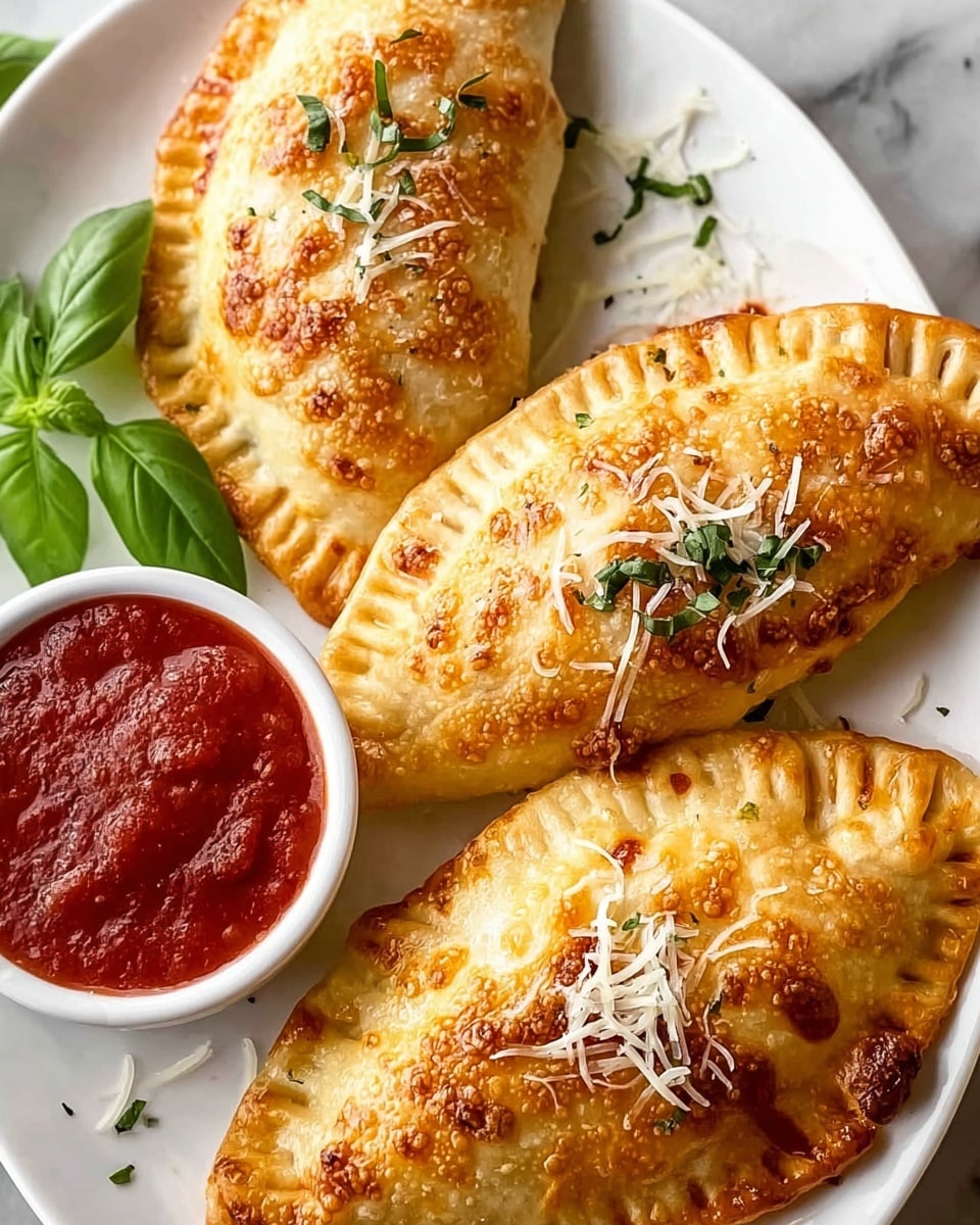 Three golden-brown baked calzones with crispy, bubbly crusts are arranged diagonally on a white plate. Each calzone has a fork-pressed edge, topped with a few shreds of white cheese and small green herb flakes scattered on top. In the top left corner of the plate, there is a small white bowl filled with red marinara sauce, next to a fresh green basil leaf. The background is a white marbled texture. Photo taken with an iphone --ar 4:5 --v 7