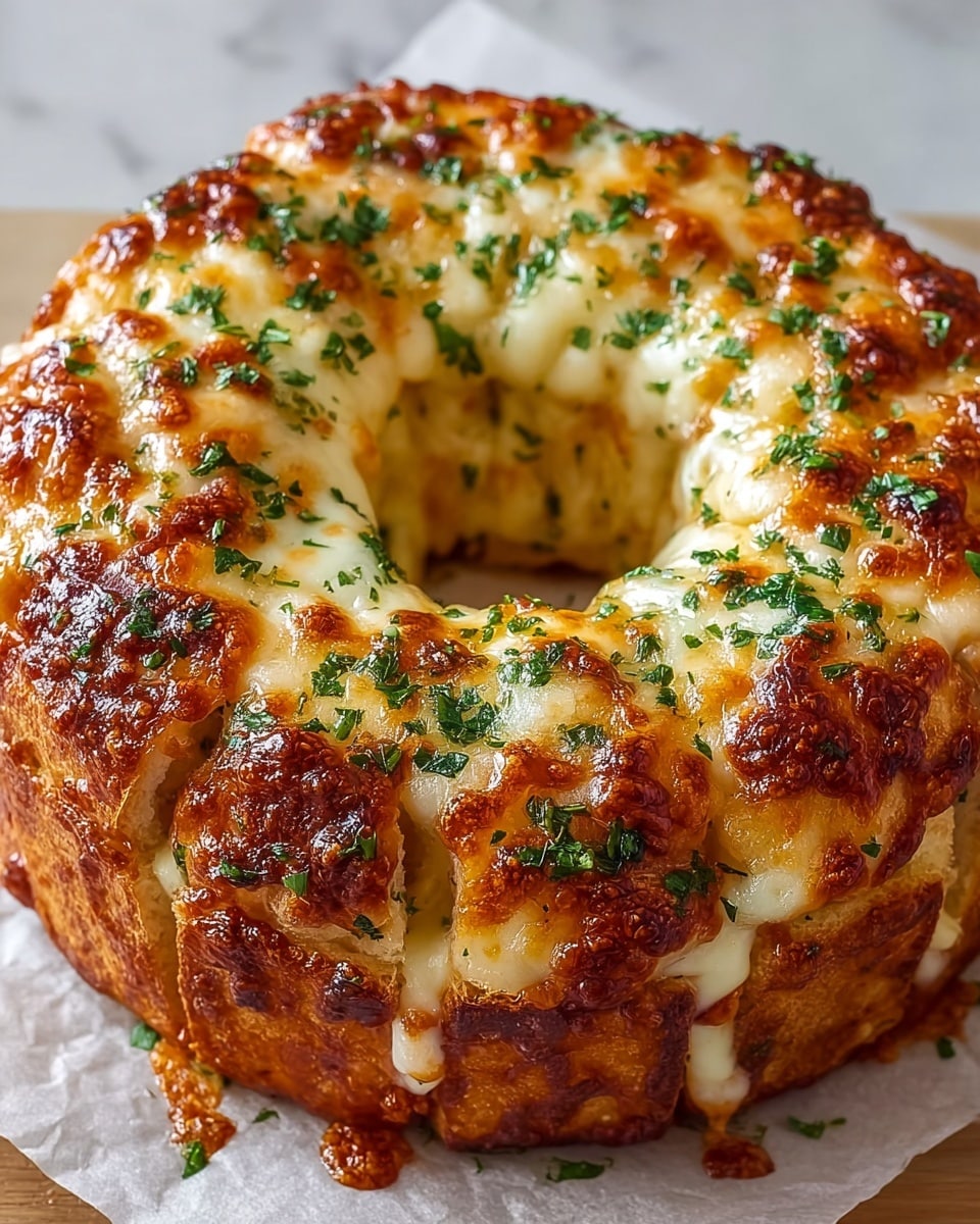 A round pull-apart bread with eight thick segments forms a ring with a hole in the center. The top is covered with layers of melted golden-brown cheese that is bubbly and slightly crispy, showing white gooey cheese underneath. Small bits of green herbs are sprinkled evenly across the top, adding a fresh contrast to the rich cheese. The bread itself is soft and fluffy with a light golden crust peeking through the cheese. It sits on a piece of white parchment paper over a white marbled surface. photo taken with an iphone --ar 4:5 --v 7