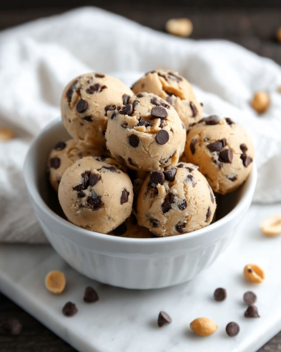 A white bowl filled with round cookie dough balls that are light brown with visible dark chocolate chunks both inside and sprinkled on top. The bowl sits on a white marbled surface, with a soft white cloth nearby and scattered whole nuts around. The dough balls have a slightly rough texture with chocolate pieces standing out clearly. Photo taken with an iphone --ar 4:5 --v 7