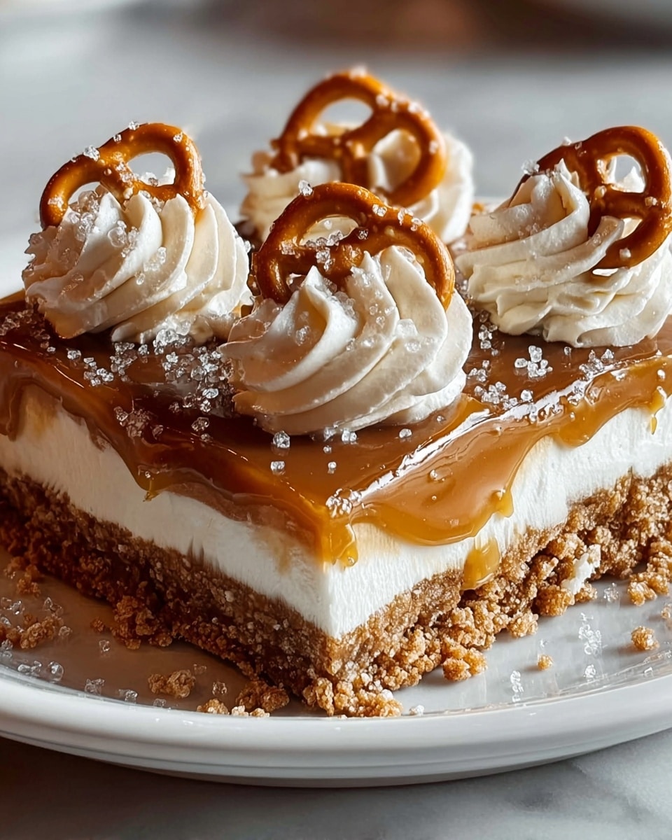 The image shows a square dessert with four layers stacked on a white plate on a white marbled surface. The bottom layer is crumbly and brown, resembling a crunchy cookie or graham cracker base. Above it, there is a thick white layer that looks creamy and smooth, followed by a shiny caramel layer that is dripping slightly down the sides. On top, there is a layer of white whipped cream swirled into peaks, each decorated with a whole pretzel dipped in caramel and sprinkled with coarse white sea salt. The overall look is rich and sweet with a mix of creamy and crunchy textures. Photo taken with an iphone --ar 4:5 --v 7