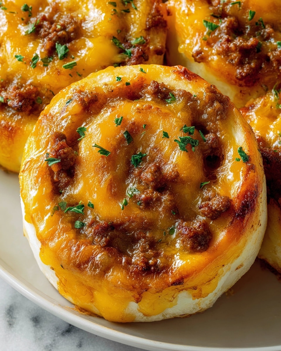 The image shows a close-up of a savory spiral roll with three visible layers: a thick, soft, light golden dough base; a middle layer filled with crumbly browned ground meat; and a top layer covered with melted, shiny orange-yellow cheddar cheese slightly browned in spots. The spiral surface is sprinkled with small pieces of fresh green herbs, adding a touch of color. The edges of the roll are slightly crispy with some cheese melted over and browned. The rolls are placed on a white plate on a white marbled surface. photo taken with an iphone --ar 4:5 --v 7