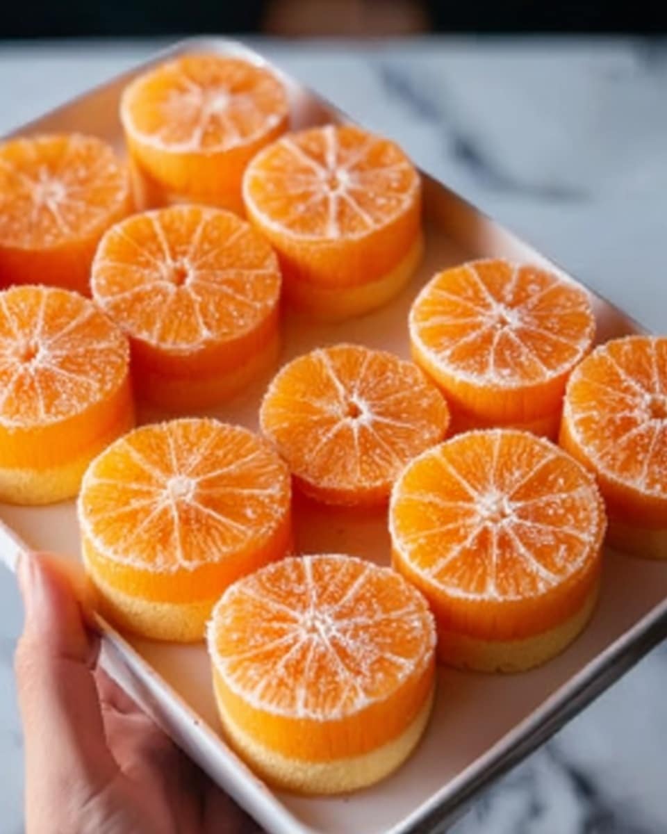 The image shows a close-up of round orange desserts arranged neatly in layers on a white tray. Each piece appears to be made of two parts: the top part is a smooth, bright orange layer resembling sliced mandarin oranges with visible sections and a slightly glossy texture, while the bottom part looks like a soft, lighter orange or yellow sponge cake base with a slightly crumbly texture. The tray is held by a woman's hand, and the background is a white marbled surface. photo taken with an iphone --ar 4:5 --v 7