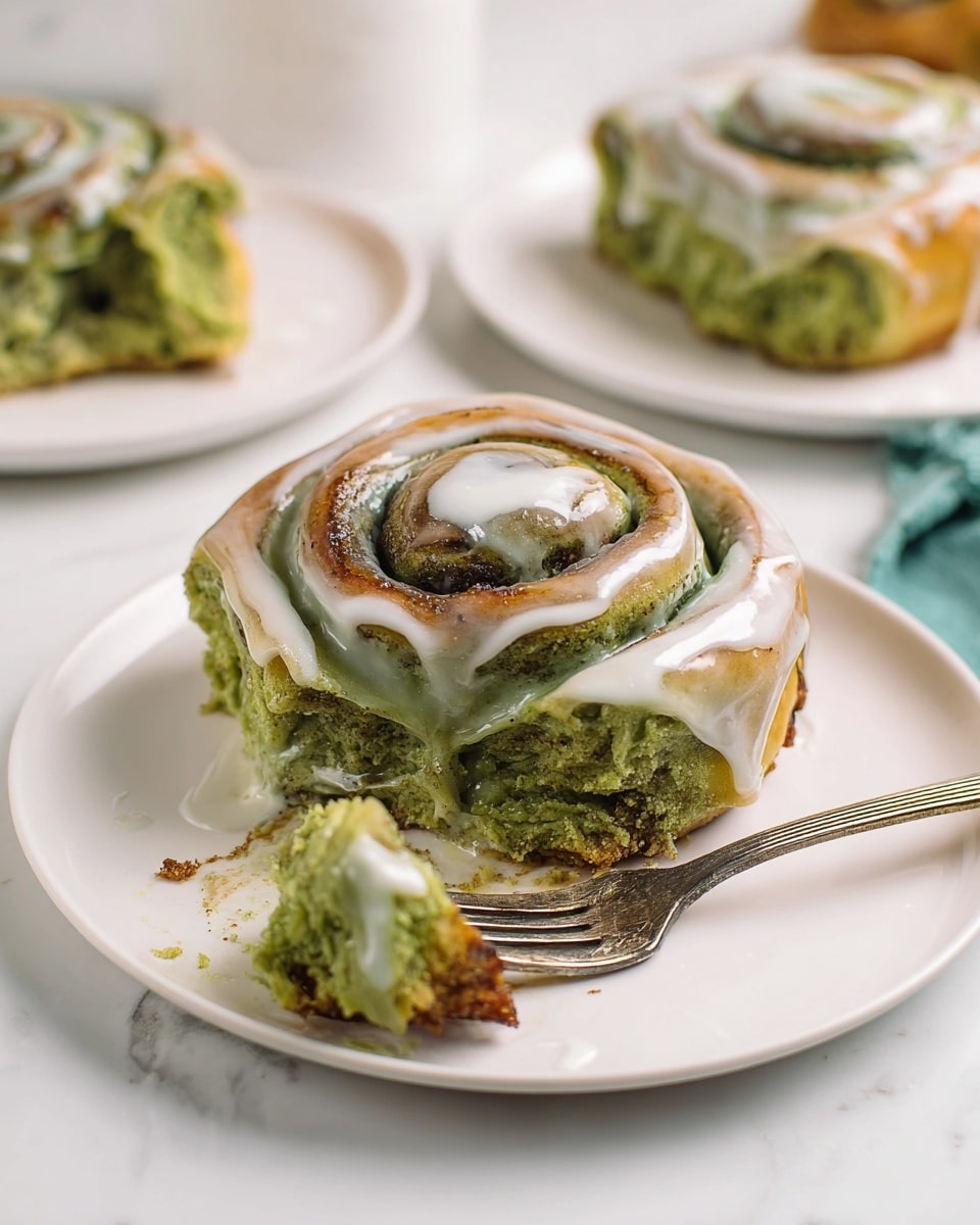A white plate holds a green cinnamon roll with shiny, smooth glaze drizzled unevenly over the top, showing swirls of green and white icing. The roll has three visible layers, tightly coiled, with a soft, moist texture that looks slightly crumbly on edges. A fork rests on the plate, lifting a bite-sized piece of the cinnamon roll with the same green glaze coating it. In the background are two more white plates with matching cinnamon rolls, all set on a white marbled surface. photo taken with an iphone --ar 4:5 --v 7