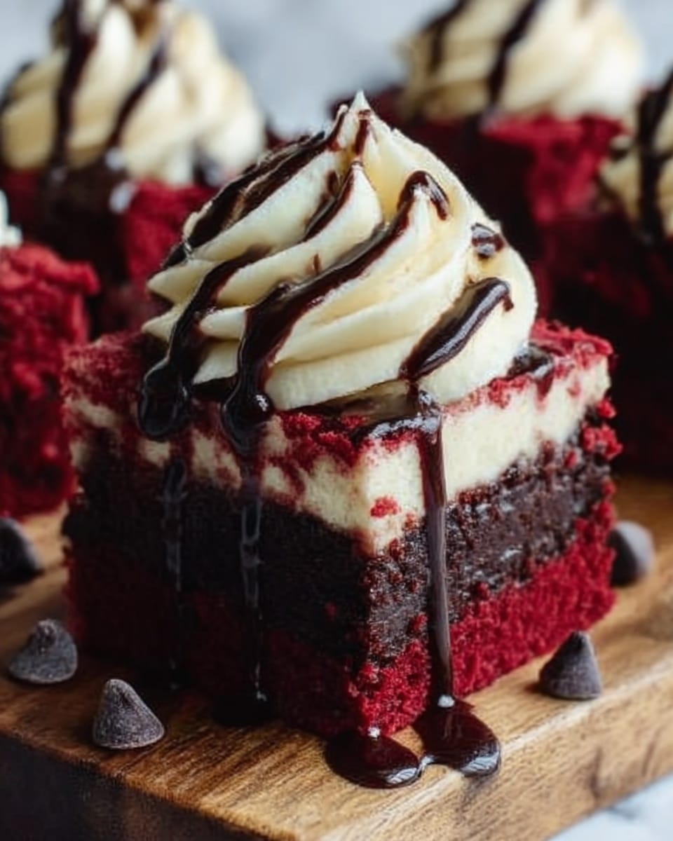 The image shows a close-up of a rich red velvet brownie with two visible layers: the bottom layer is a dense red velvet cake with a smooth texture, and on top is a thick, creamy white frosting swirled into a peak. The frosting is drizzled with dark chocolate sauce that flows down the sides. There are small chocolate chunks placed around the brownie on a wooden board. The scene is set on a white marbled surface. photo taken with an iphone --ar 4:5 --v 7