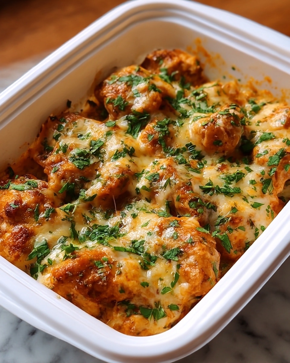 The dish is a close-up of baked pieces of chicken in a white plastic container, showing one layer of thick, browned chicken chunks covered with melted golden-yellow cheese and sprinkled with chopped fresh green herbs, all sitting on a white marbled textured surface. Photo taken with an iphone --ar 4:5 --v 7