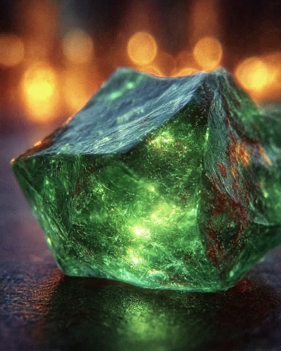 The image shows a close-up of a green translucent jelly-like gem with smooth, shiny surfaces and sharp edges. It has a glowing effect with light reflecting inside, making it look bright and vibrant. The gem rests on a dark surface with a blurred background that has warm golden lights. Photo taken with an iphone --ar 4:5 --v 7