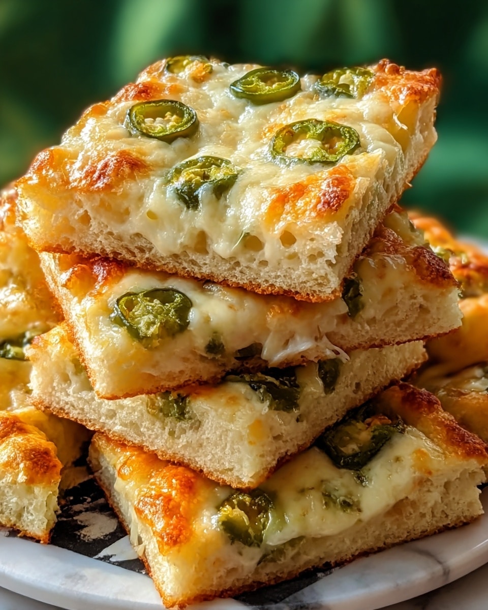 The image shows several square pieces of cheesy focaccia stacked on top of each other on a white plate with a black and white checkered pattern. Each piece has two main layers: a golden-brown crust that looks soft and thick on the bottom, and a thick, bubbly layer of melted cheese on top, dotted with small, green jalapeño slices spread evenly across the cheese. The cheese is a mix of melted white and slightly browned spots, giving it a textured look. The background is softly blurred with green hues, and the dish is on a white marbled surface. photo taken with an iphone --ar 4:5 --v 7