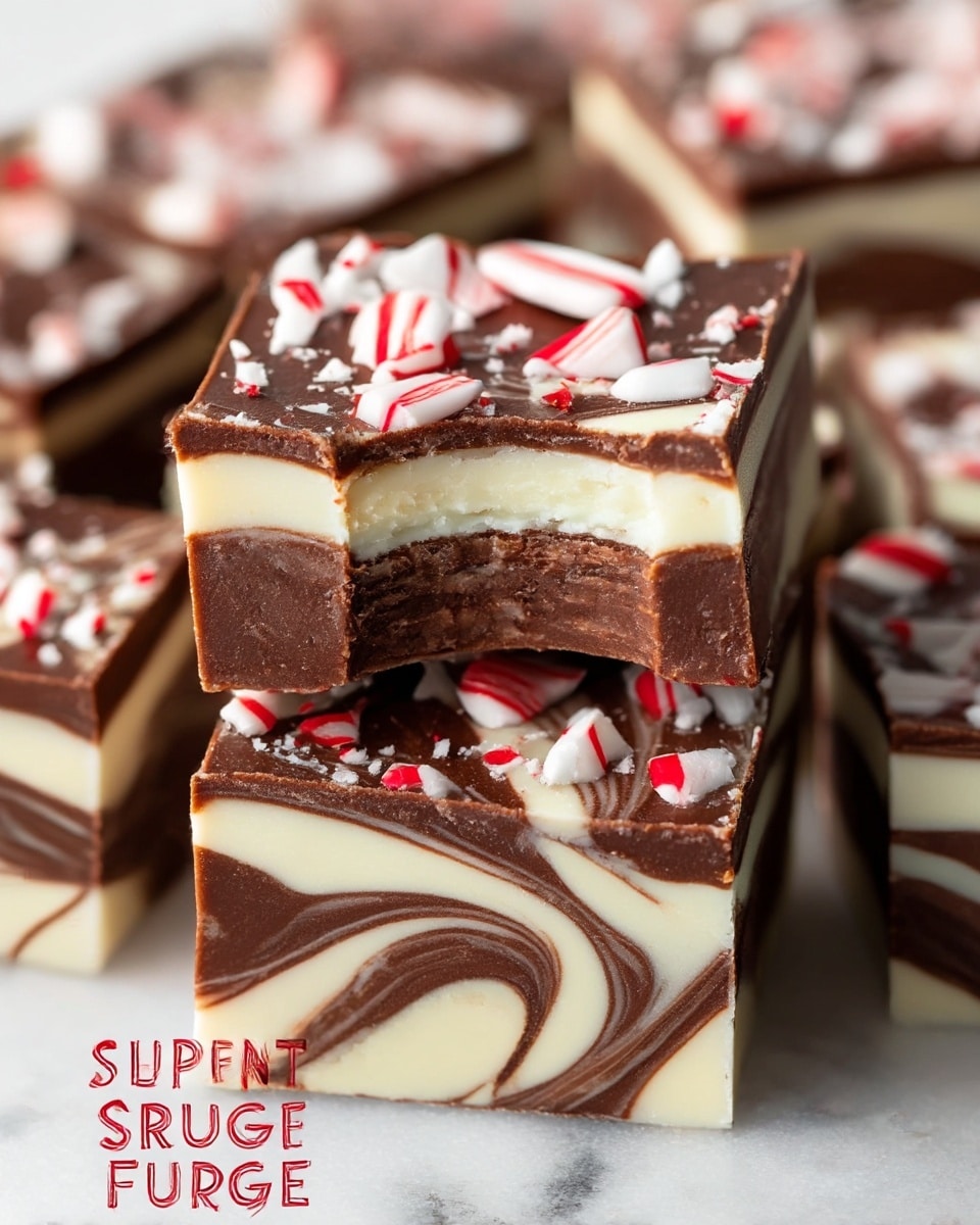 The image shows a close-up of peppermint swirl fudge cut into square pieces, stacked on a white marbled surface. Each piece has two main layers: a creamy white layer swirled with a rich brown chocolate layer, creating a marbled pattern inside and on the sides. The top surface of each fudge square is smooth and dark brown, decorated with scattered crushed peppermint candy pieces that are white with red stripes. The focus is sharp on the top fudge square with a bite taken out, showing the creamy texture inside. photo taken with an iphone --ar 4:5 --v 7