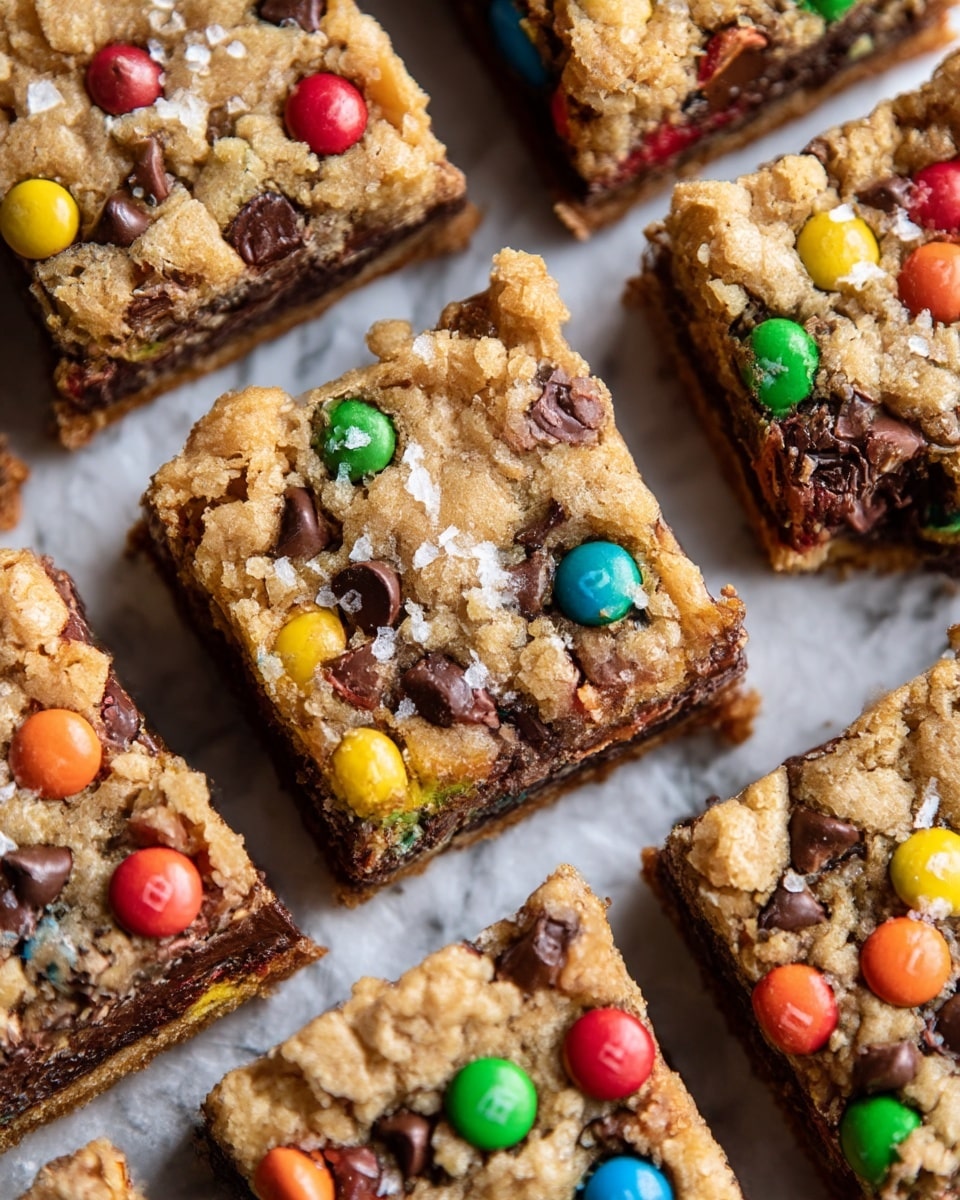 The image shows several thick, square cookie bars arranged close together on a surface with a white marbled texture. Each bar has a rough top layer made of golden baked dough with a crumbly texture. Below this top layer is a rich layer filled with melted dark brown chocolate chips and colorful candy-coated chocolates in red, green, yellow, orange, and blue scattered on and inside the bars. The bars look soft and gooey inside with a crunchy top, and some flakes of coarse salt are sprinkled on top, adding texture. Photo taken with an iphone --ar 4:5 --v 7