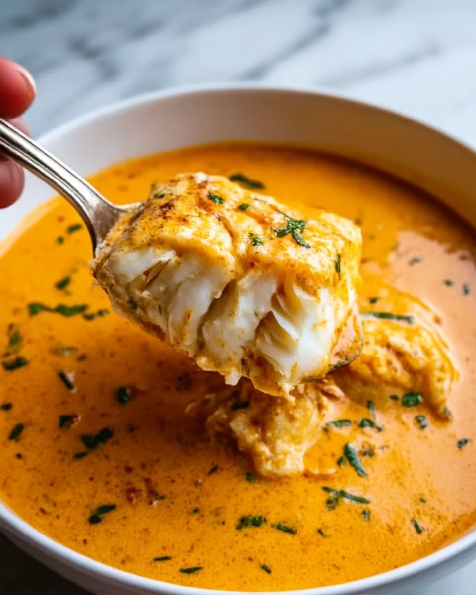 The image shows a close-up of a thick, creamy orange soup or sauce in a white bowl, with a piece of white fish fillet in the center. The fish is flaky and tender, partially covered by the sauce. Small green herbs and bits of spices are sprinkled on top, adding texture and color contrast. A spoon is visible on the right side, gently scooping the fish. The background is a white marbled surface. Photo taken with an iphone --ar 4:5 --v 7