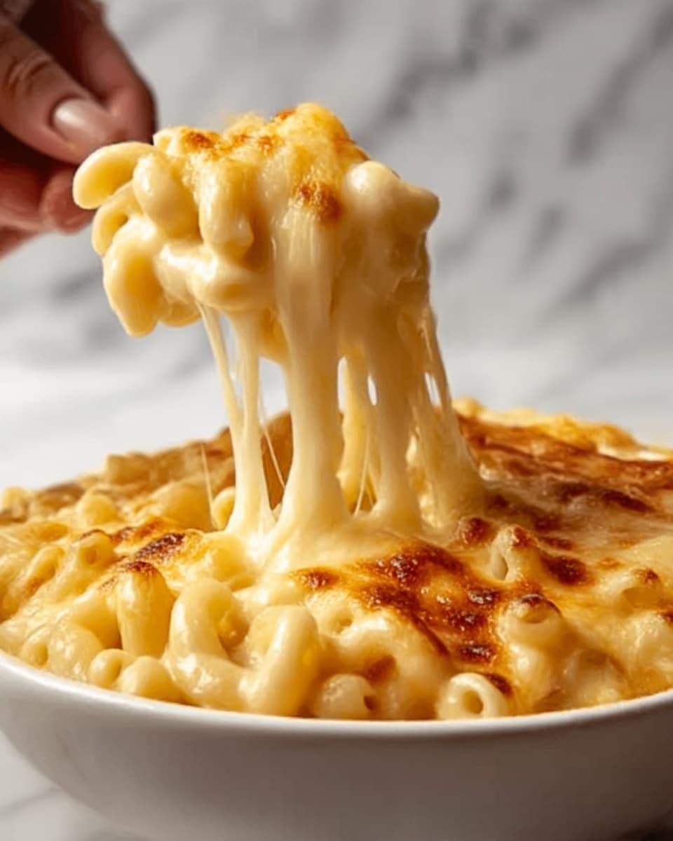A close-up view of a white bowl filled with creamy mac and cheese. The dish has three main layers: the bottom layer is soft cooked elbow macaroni, the middle layer is thick, shiny melted cheese in a pale yellow color, and the top layer is golden-brown bubbly cheese with small browned spots. A woman's hand is lifting a serving of mac and cheese with stretches of gooey, melted cheese visible between the bowl and the lifted portion. The background shows a white marbled texture. Photo taken with an iphone --ar 4:5 --v 7