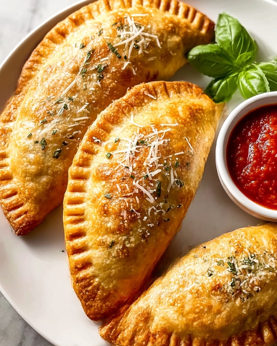 Three golden brown calzones sit on a white plate with a white marbled background. Each calzone is half-moon shaped with crimped edges and a bubbly, slightly crisp crust. The top of each calzone is sprinkled with small bits of shredded white cheese and green herbs. To the side is a small white bowl filled with chunky red marinara sauce. A fresh green basil leaf rests beside the bowl for garnish. The lighting highlights the warm texture and golden color of the calzones. Photo taken with an iphone --ar 4:5 --v 7